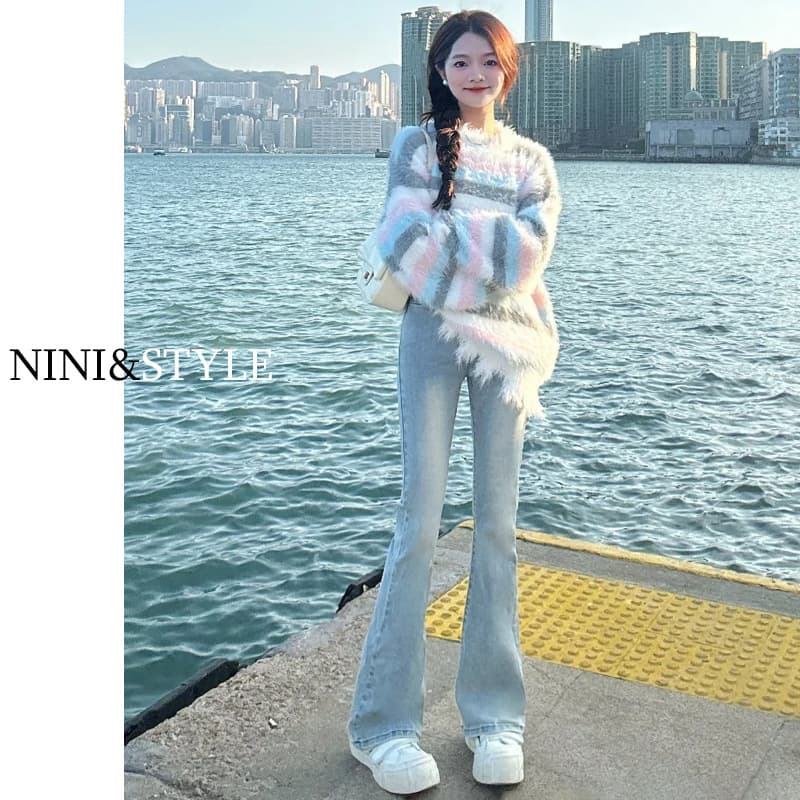 Blue autumn jeans, fitted flared trousers, 2024 years, new collection, for teenagers