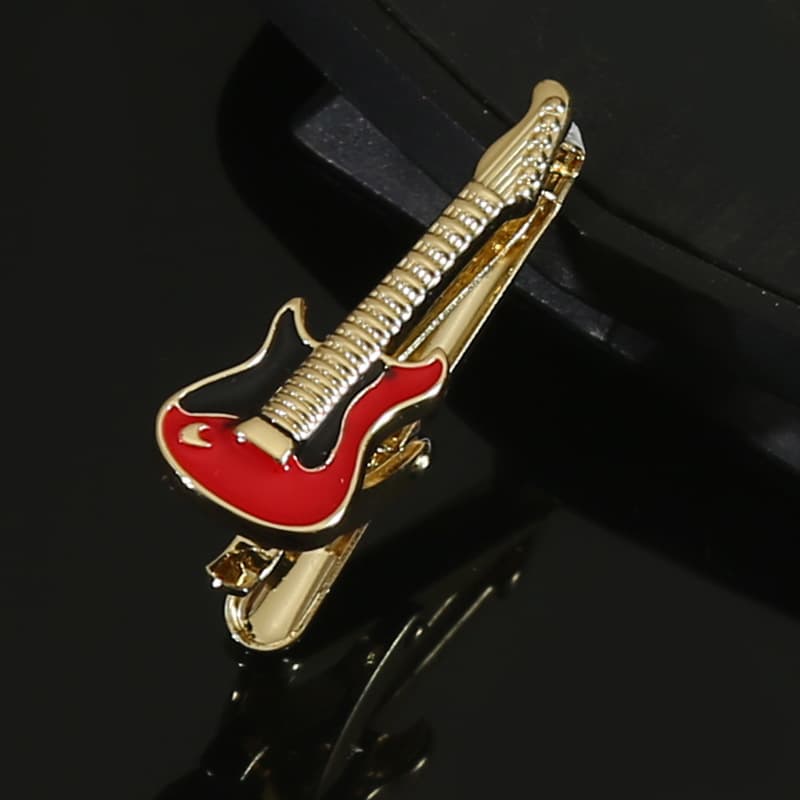 Fashionable trend metal geometric cartoon tie, cute golden guitar, creative suit 3