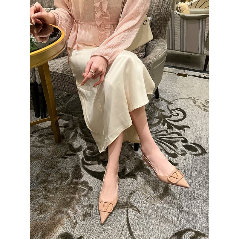 Genuine leather sheepskin uncle's pointed toe V-button men's slim heels high heels new style empty head sandals women's shoes summer 3