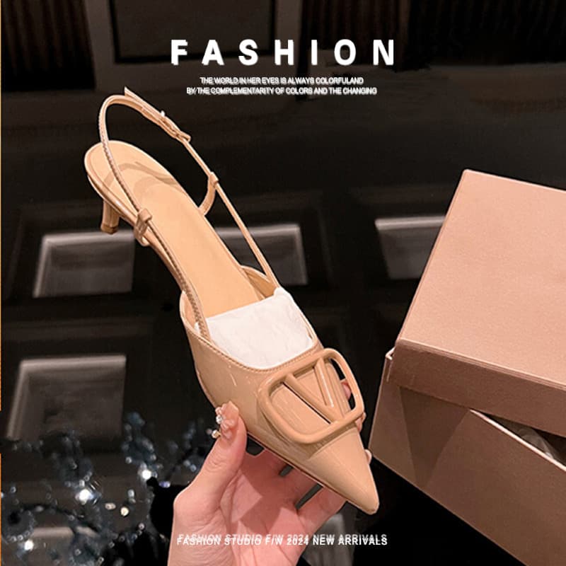 Genuine leather sheepskin uncle's pointed toe V-button men's slim heels high heels new style empty head sandals women's shoes summer 1