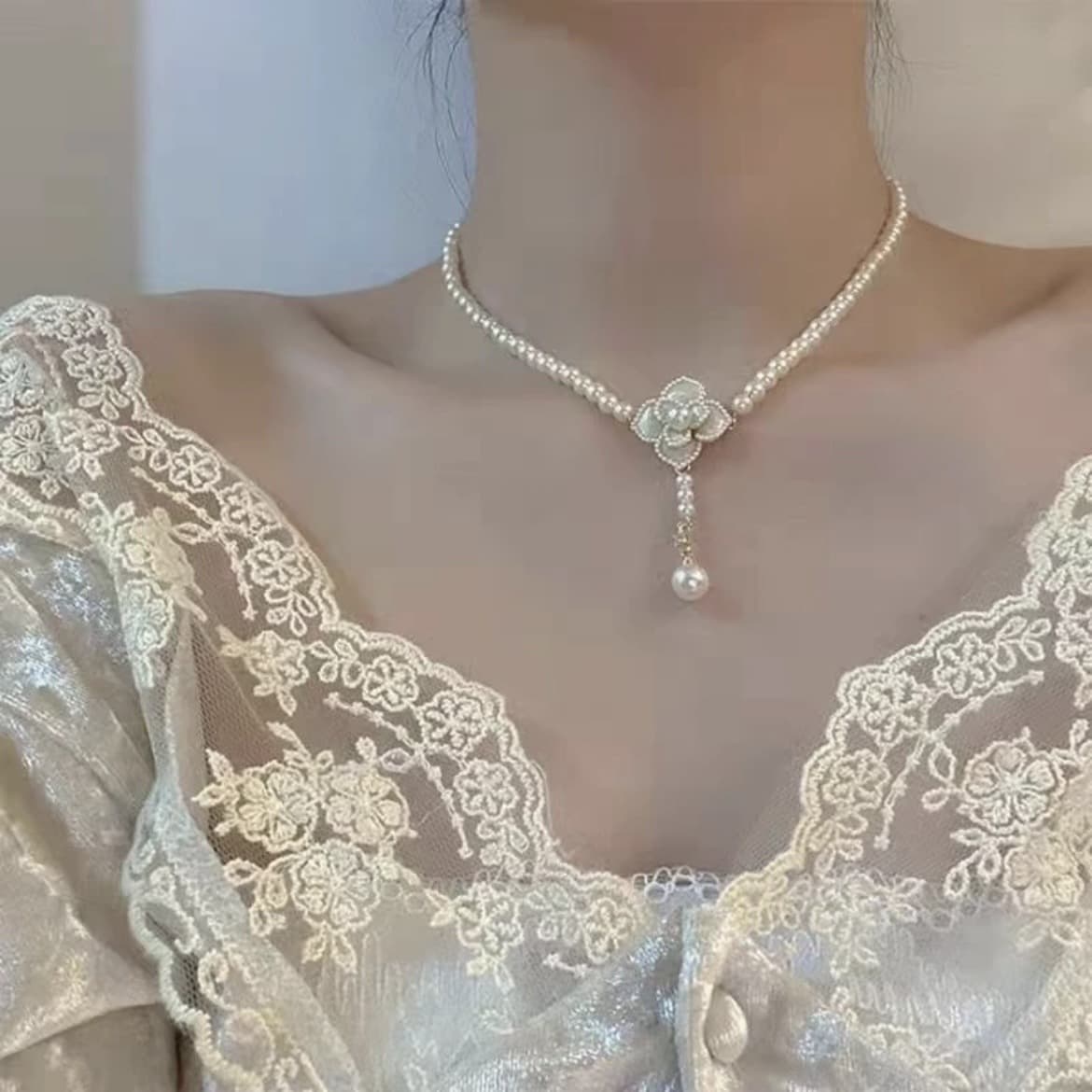 Retro necklace from pearl, mountain tea, chain for key bag  for bride, wedding dress, evening dress, set, french style, 3 piece set 2