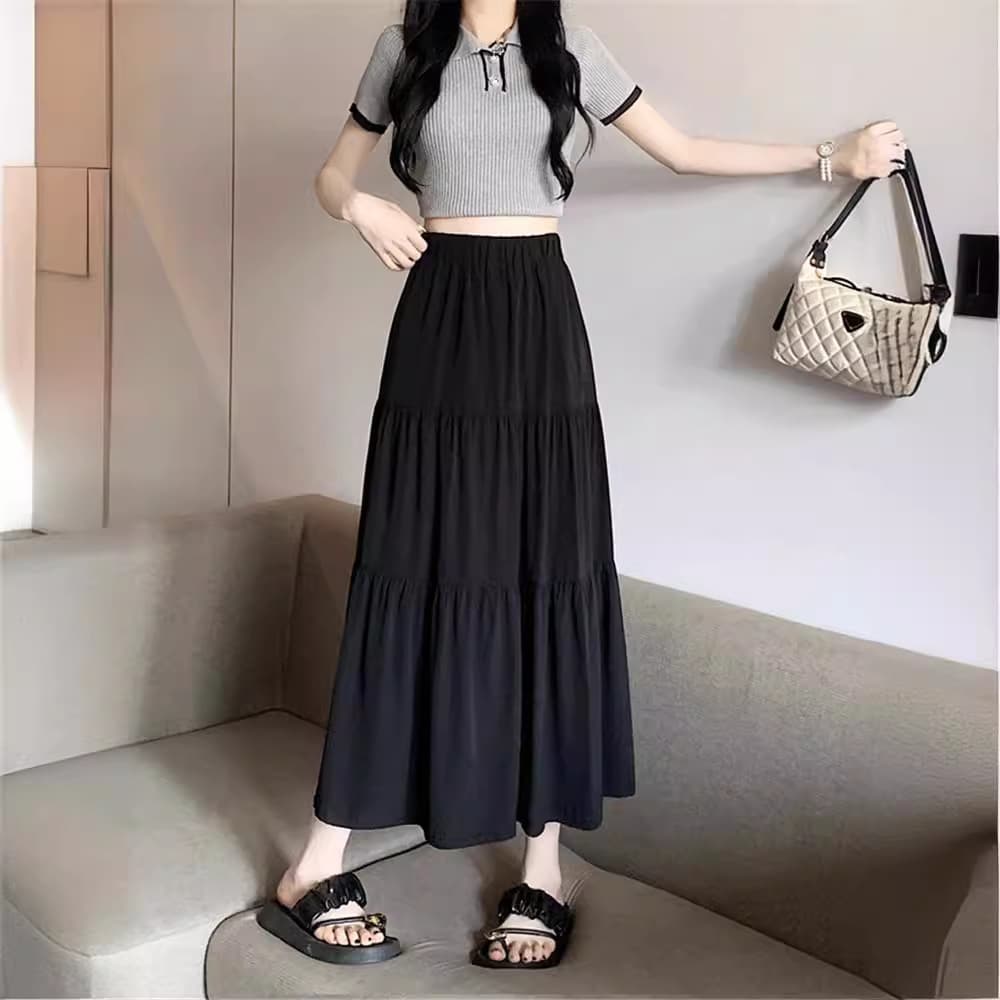 White fitted skirt, summer long brace, high waist, A-line, elastic waist 3