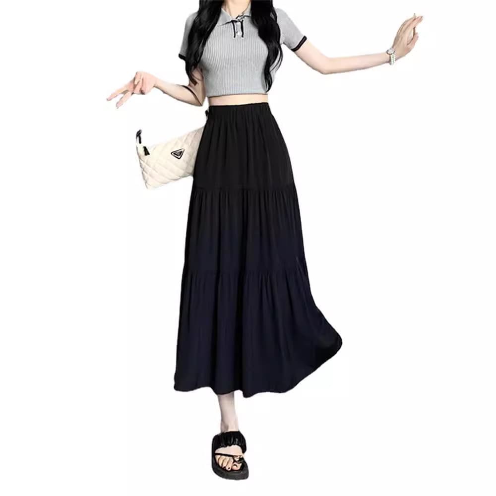 White fitted skirt, summer long brace, high waist, A-line, elastic waist 5