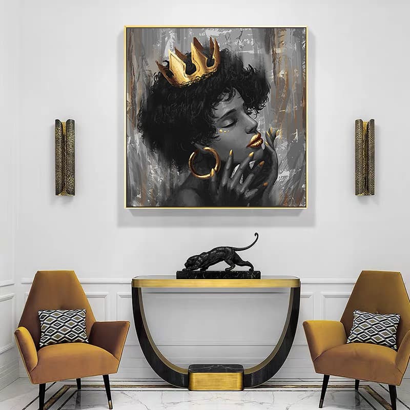 African beautiful black woman wearing crown canvas painting mural poster wall art modern decorative painting 4