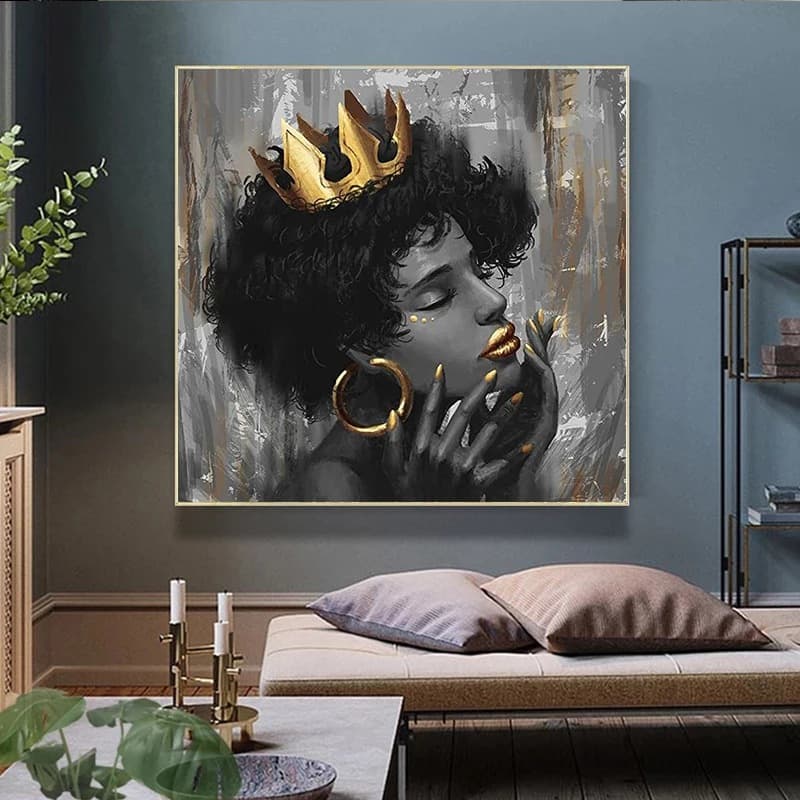 African beautiful black woman wearing crown canvas painting mural poster wall art modern decorative painting 1