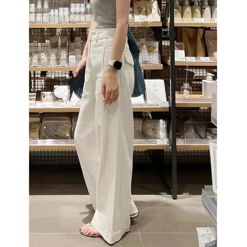 Spring white casual trousers, for teenagers, cotton and linen, high waist, loose straight fit