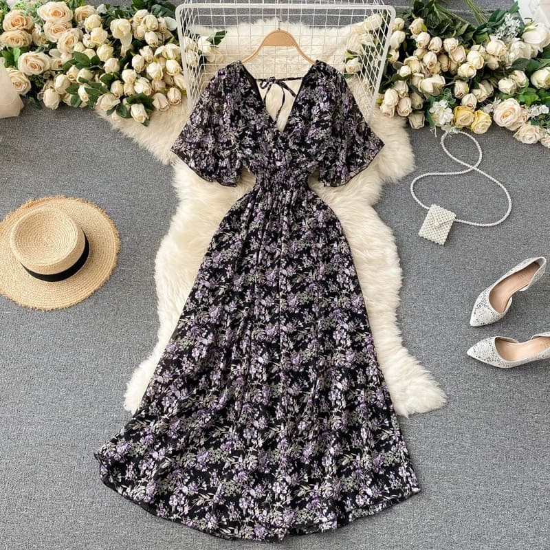 (Cross-border trading), summer sexy fitted long brace, shiffon beach dress, V-neckline, floral print 4