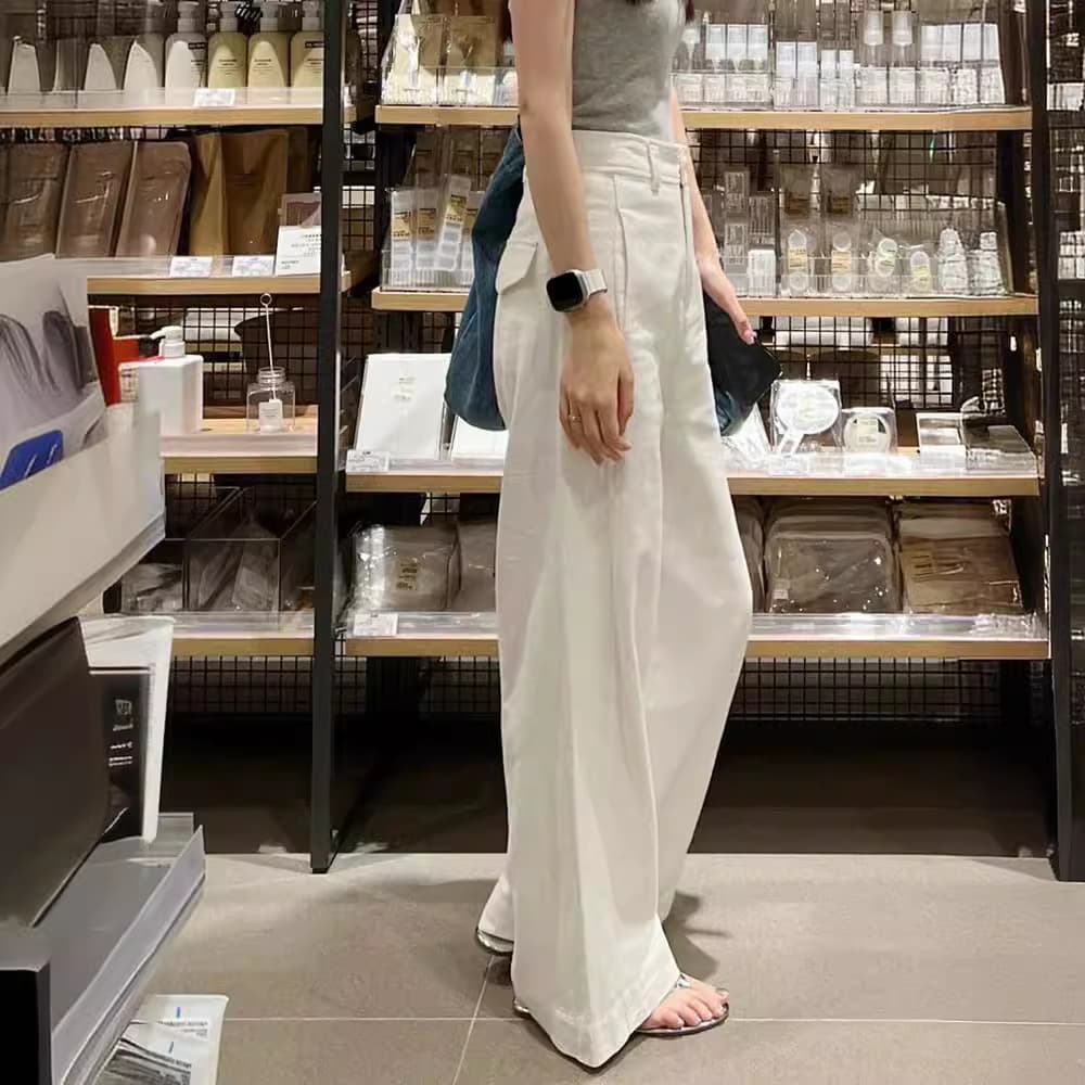 Summer white casual trousers, for teenagers, cotton and linen, high waist, loose straight fit 1