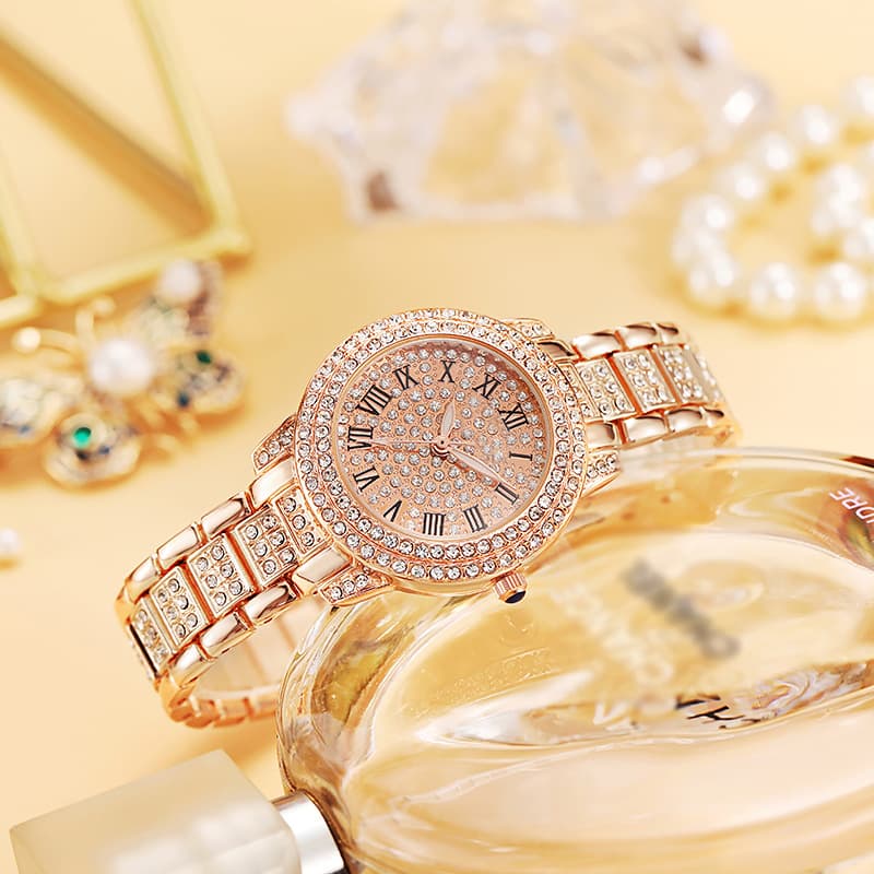 Swiss watch, golden fashionable quartz steel belt, diamond encrusted, pink gold 2