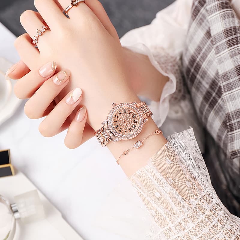 Swiss watch, golden fashionable quartz steel belt, diamond encrusted, pink gold 3