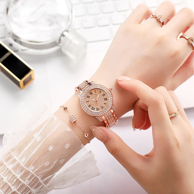 Swiss watch, golden fashionable quartz steel belt, diamond encrusted, pink gold 4