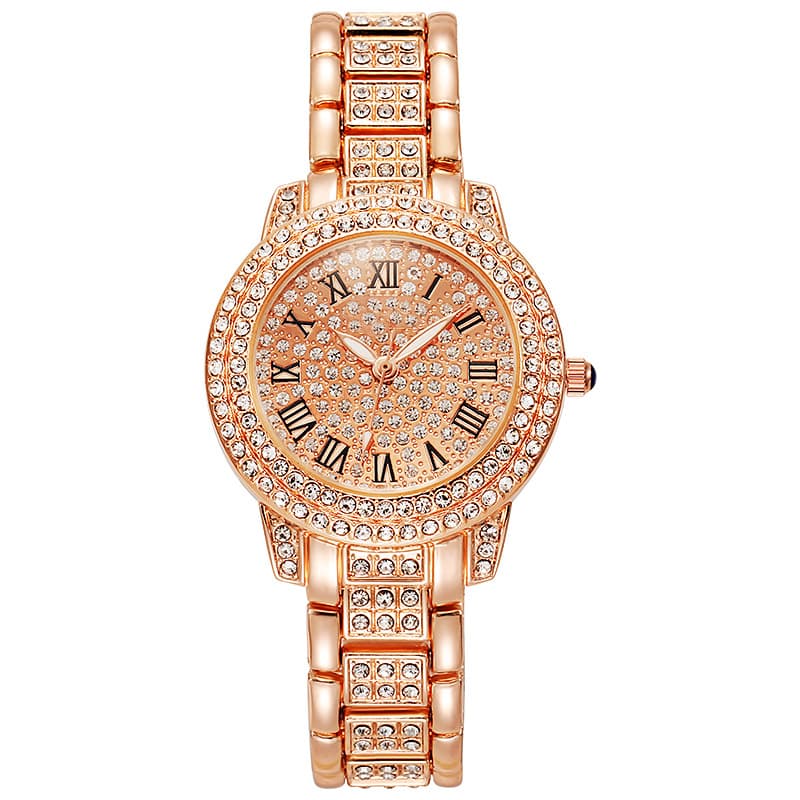 Swiss watch, golden fashionable quartz steel belt, diamond encrusted, pink gold 5