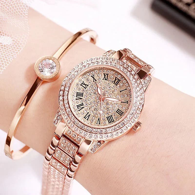 Swiss watch, golden fashionable quartz steel belt, diamond encrusted, pink gold