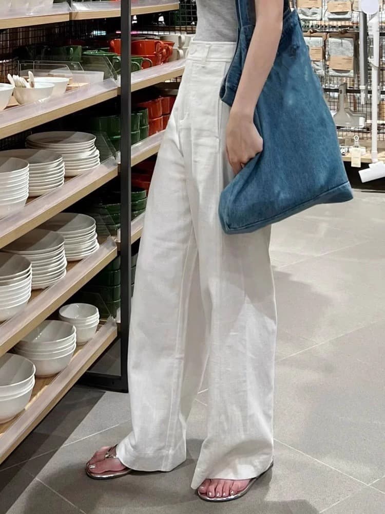 Spring white casual trousers, for teenagers, cotton and linen, high waist, loose straight fit 3