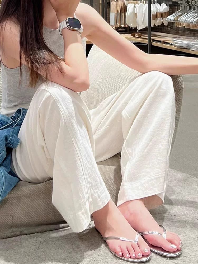 Spring white casual trousers, for teenagers, cotton and linen, high waist, loose straight fit 4