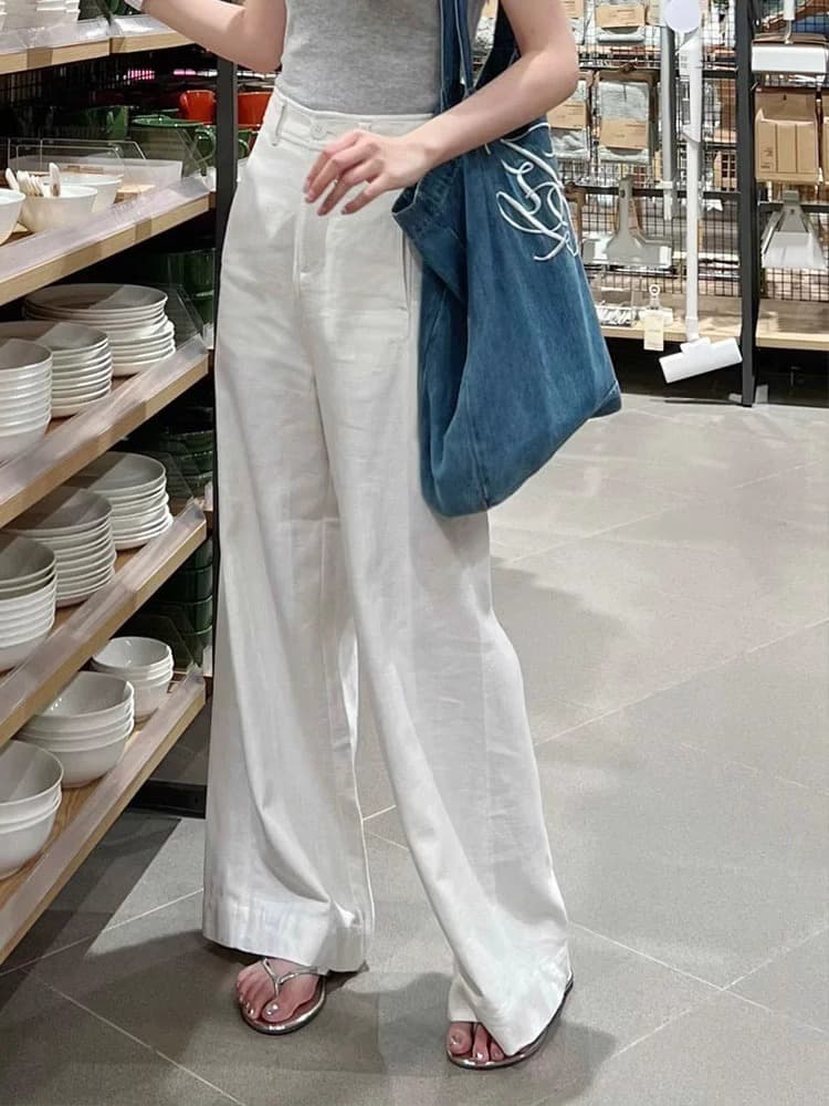 Spring white casual trousers, for teenagers, cotton and linen, high waist, loose straight fit 5