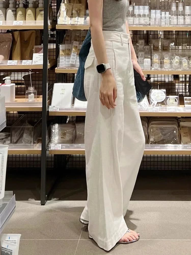 Spring white casual trousers, for teenagers, cotton and linen, high waist, loose straight fit 1