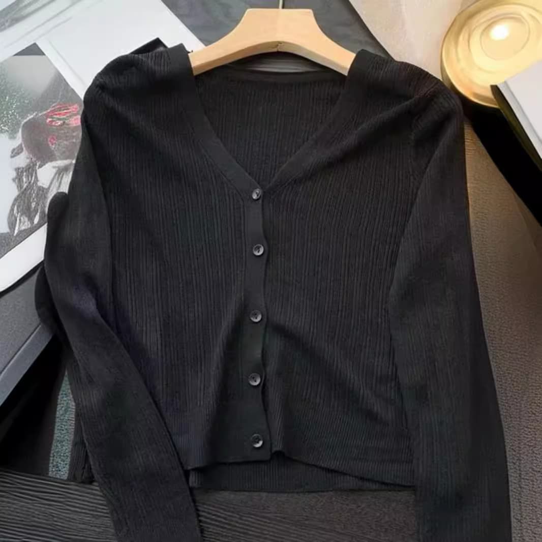 Thin summer silk cardigan, classic knitted sweater, jacket, V-neckline, slim fit 3