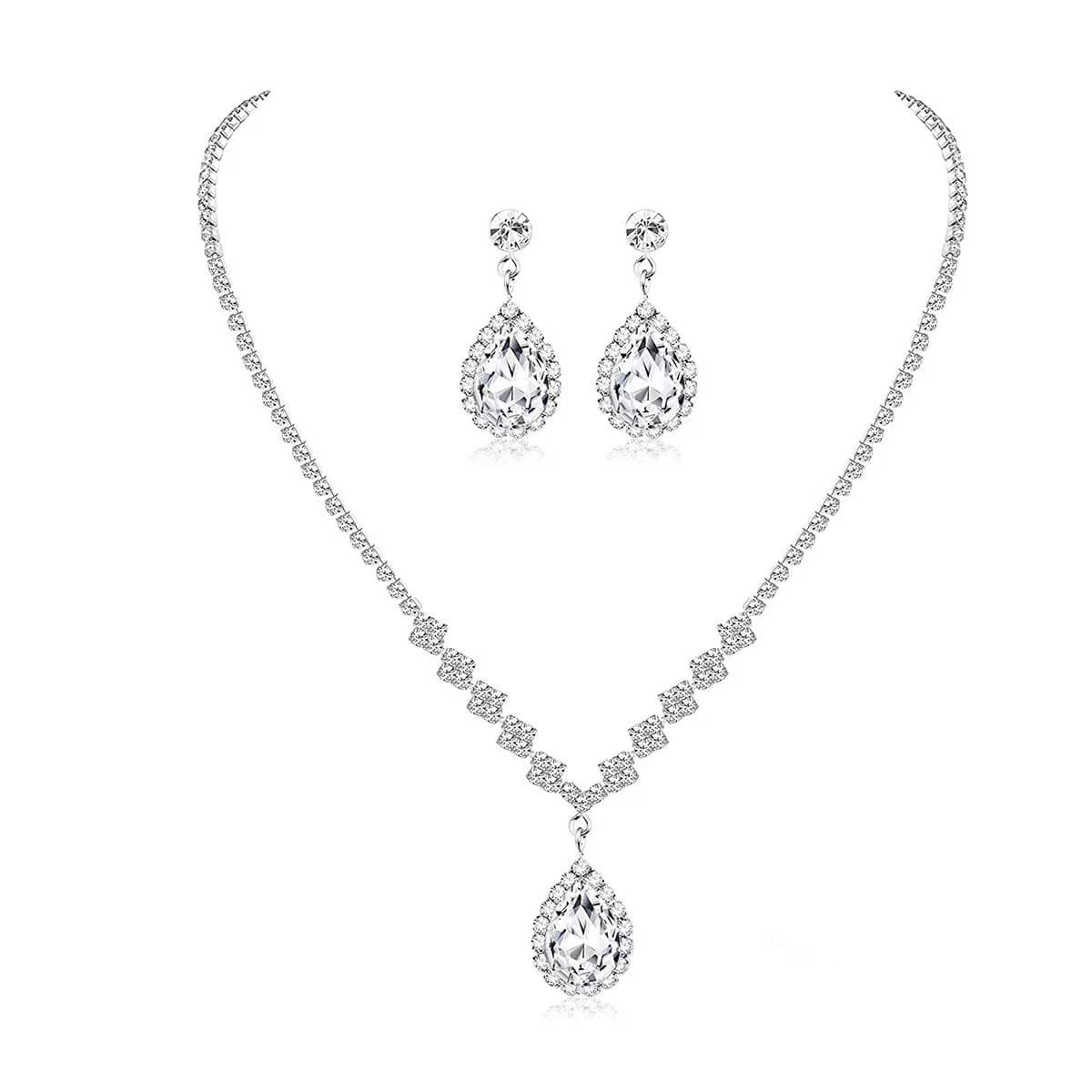 Earrings, necklace, set, sophisticated chain for bride, accessory, European style, 2 piece set, diamond encrusted, light luxury style 5
