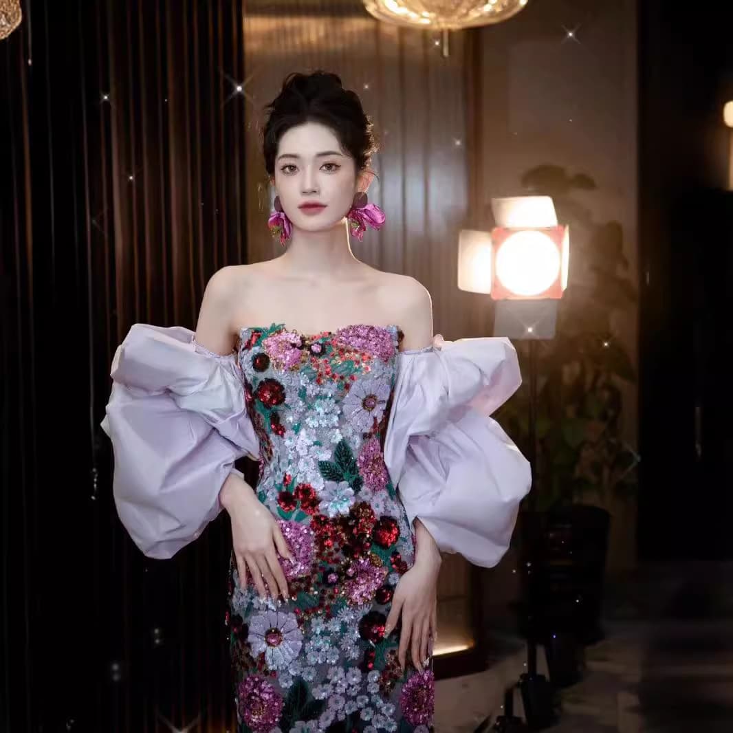 Purple evening dress, Chinese style, "fish tail" cut 2