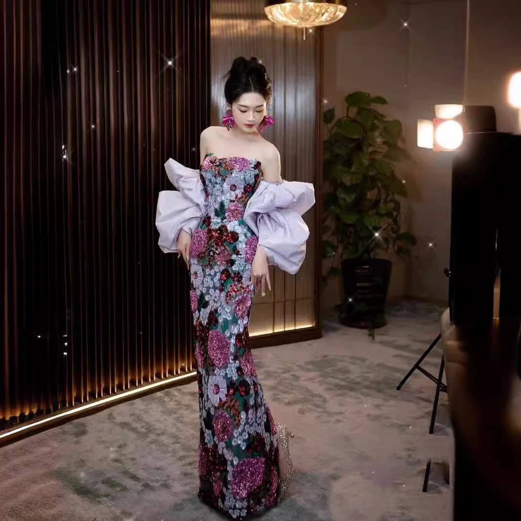 Purple evening dress, Chinese style, "fish tail" cut 3