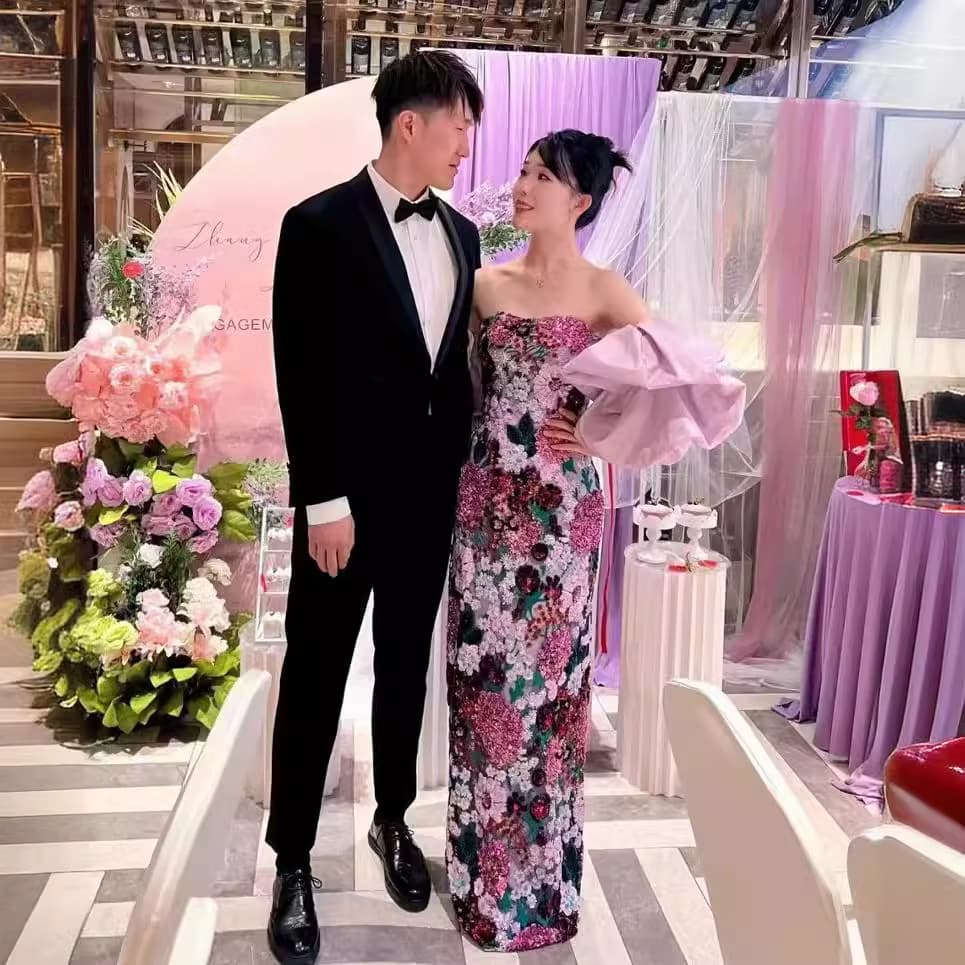 Purple evening dress, Chinese style, "fish tail" cut
