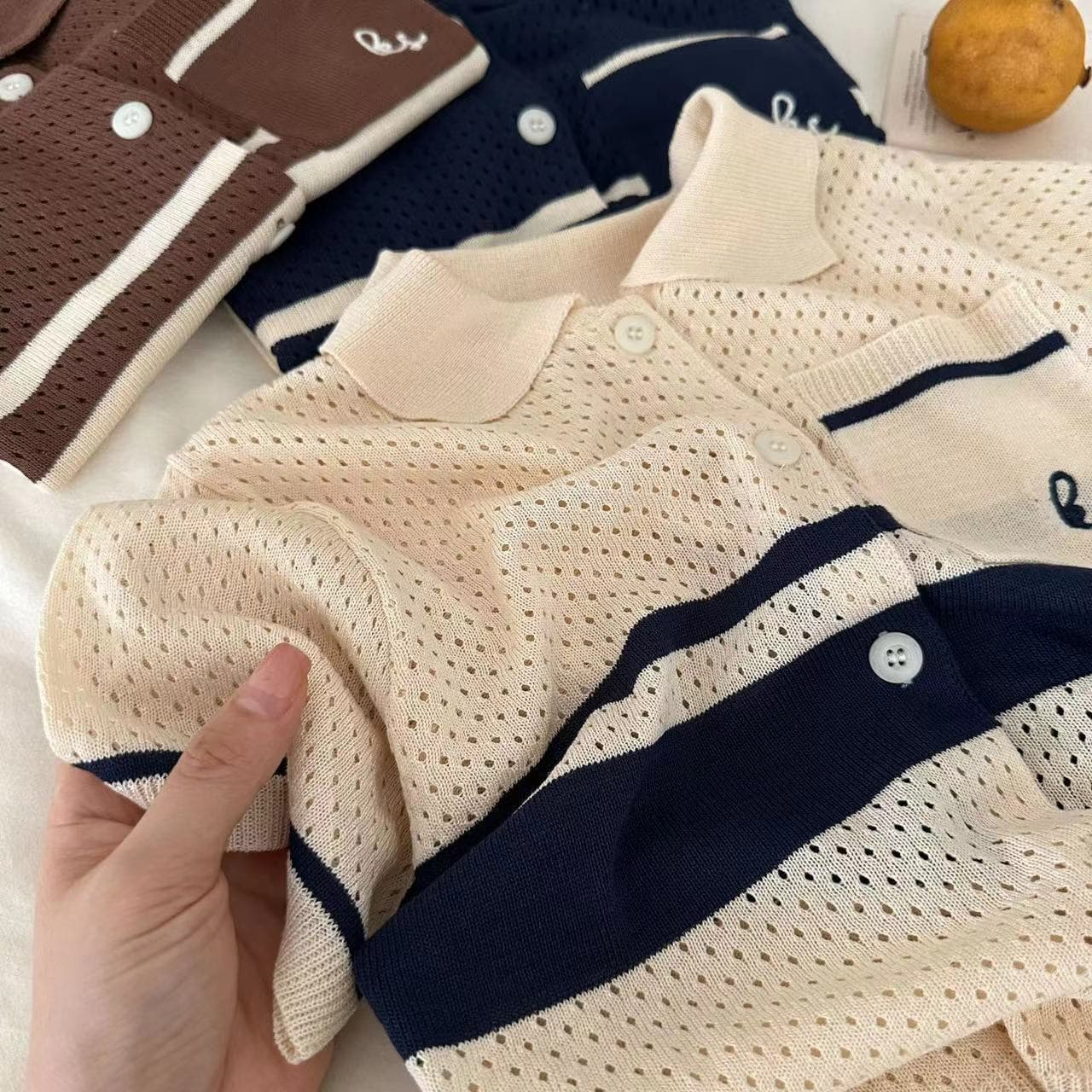 Summer knitted silk sweater for men and women, western style, with short sleeve, polo collar 3