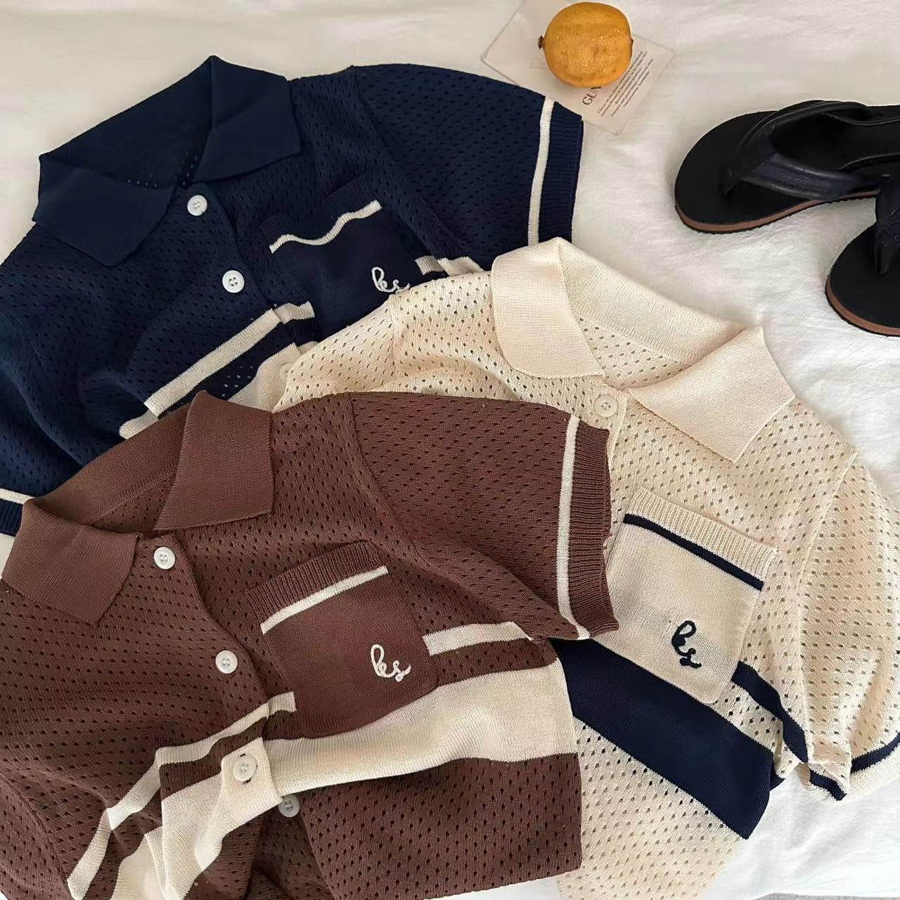Summer knitted silk sweater for men and women, western style, with short sleeve, polo collar 1