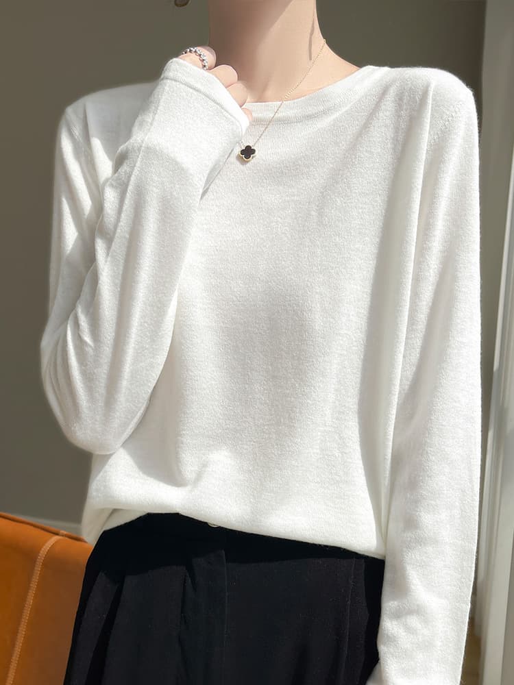 Woolen thin sweater with a round collar, spring silk long-sleeve, base body-friendly T-shirt, oversize 2