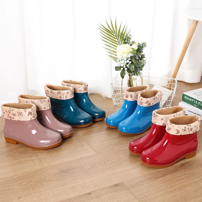 Rain boots for women short tube fashion plus cotton low tube plus velvet rain boots for adult women's non-slip kitchen work rubber shoes for women 4
