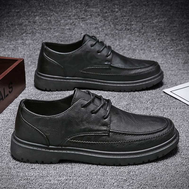Black casual low fashionable solid color shoes with shoelaces all-season, round toe, suitable for outdoor wear, work shoes 3