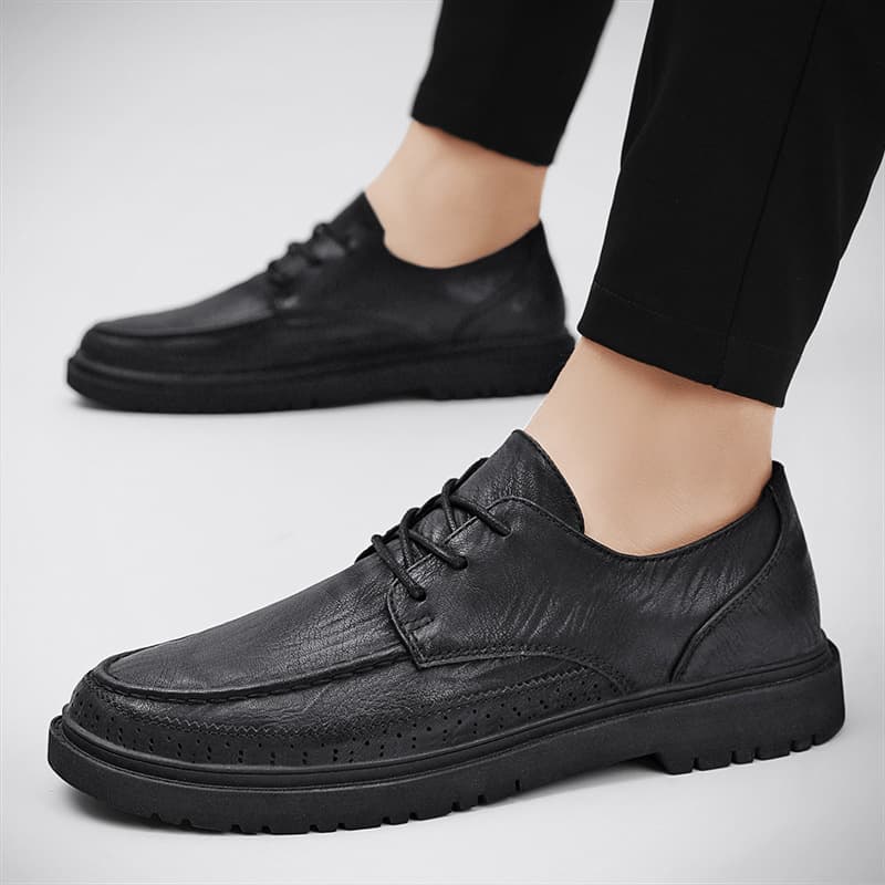 Black casual low fashionable solid color shoes with shoelaces all-season, round toe, suitable for outdoor wear, work shoes 4