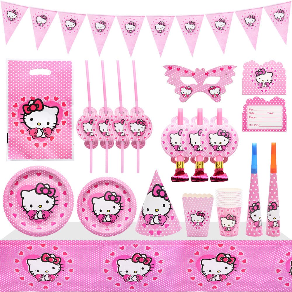 New anime KT cat theme pink birthday party decoration banner gift bag disposable paper cup paper plate tissue paper 1
