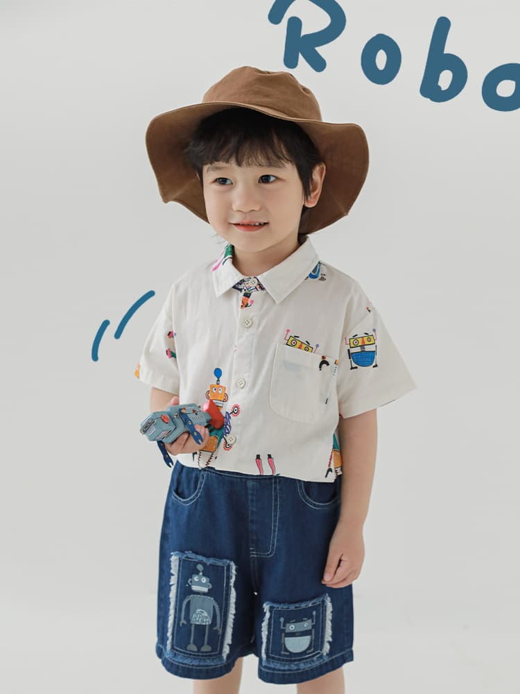 Summer light and thin T-shirt for boys, children's shirt, shorts, robot, set 3