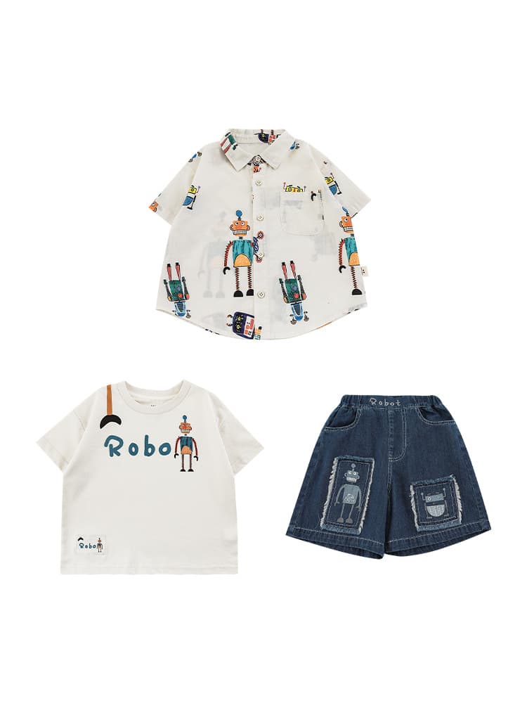 Summer light and thin T-shirt for boys, children's shirt, shorts, robot, set 5