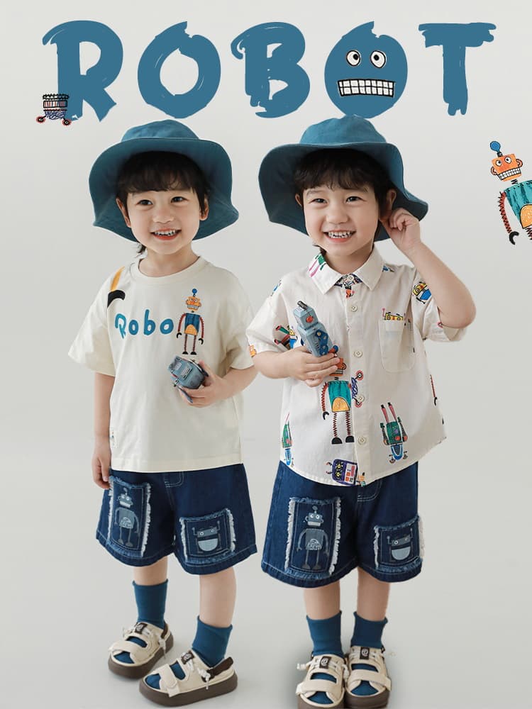 Summer light and thin T-shirt for boys, children's shirt, shorts, robot, set