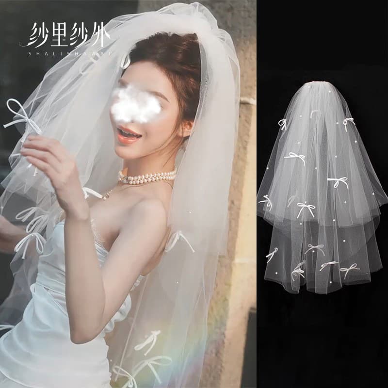 Korean bride's veil, hair accessory with bow pearl, cute accessories 3