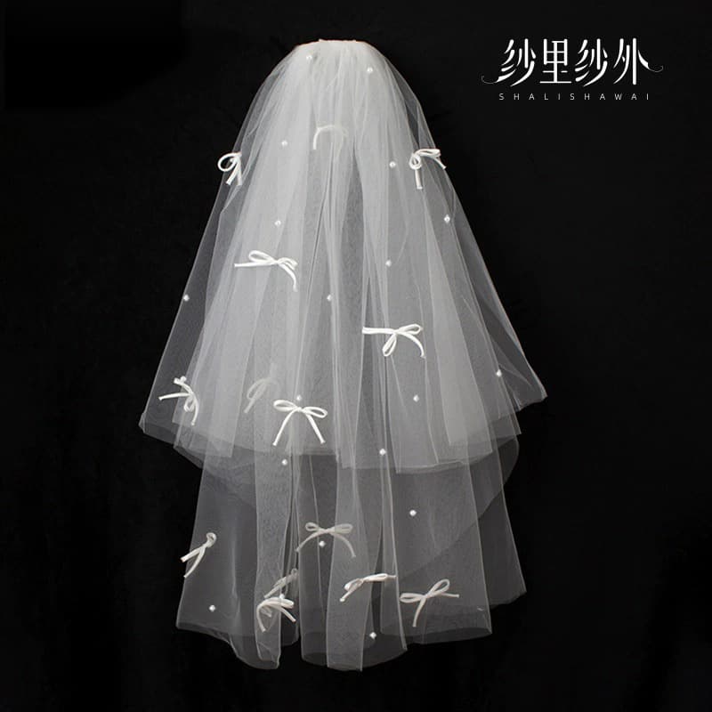 Korean bride's veil, hair accessory with bow pearl, cute accessories 4
