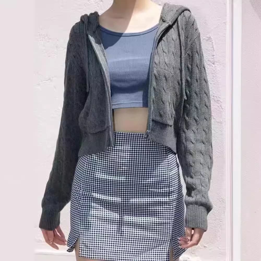Knitted sweater with hood, short cardigan with zipper, jacket, American style 4