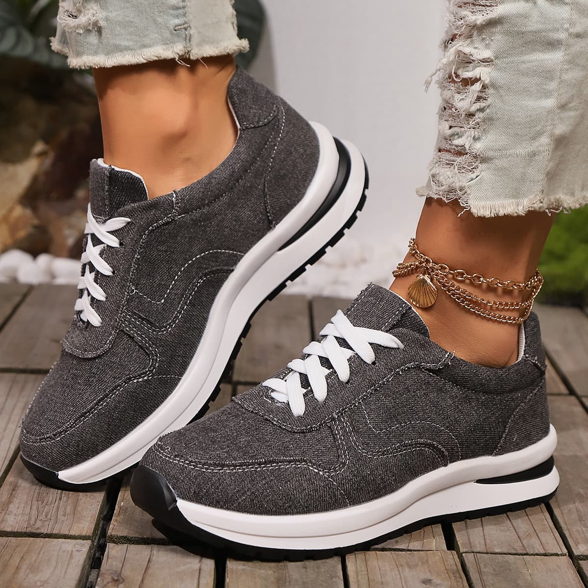 (Cross-border trading), summer sneakers, casual footwear flat with shoelaces, plus size, 2024 years, round toe 4