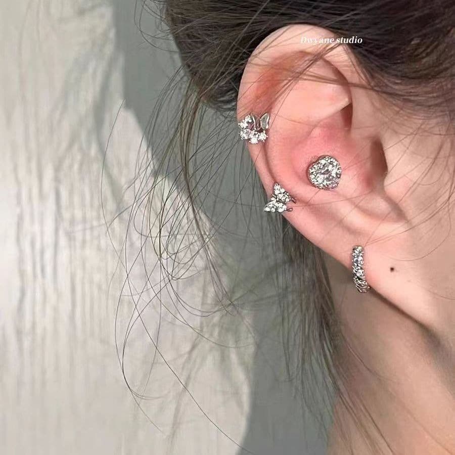 Diamond-filled love earrings flat-bottom twist-button ear bone nail combination set of four stackable earrings