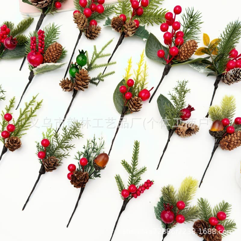 Cross -border Christmas simulation Pine fruit branches snowflake pine needle berries red fruit branches festive decorative Christmas flower bundle pine needle 4