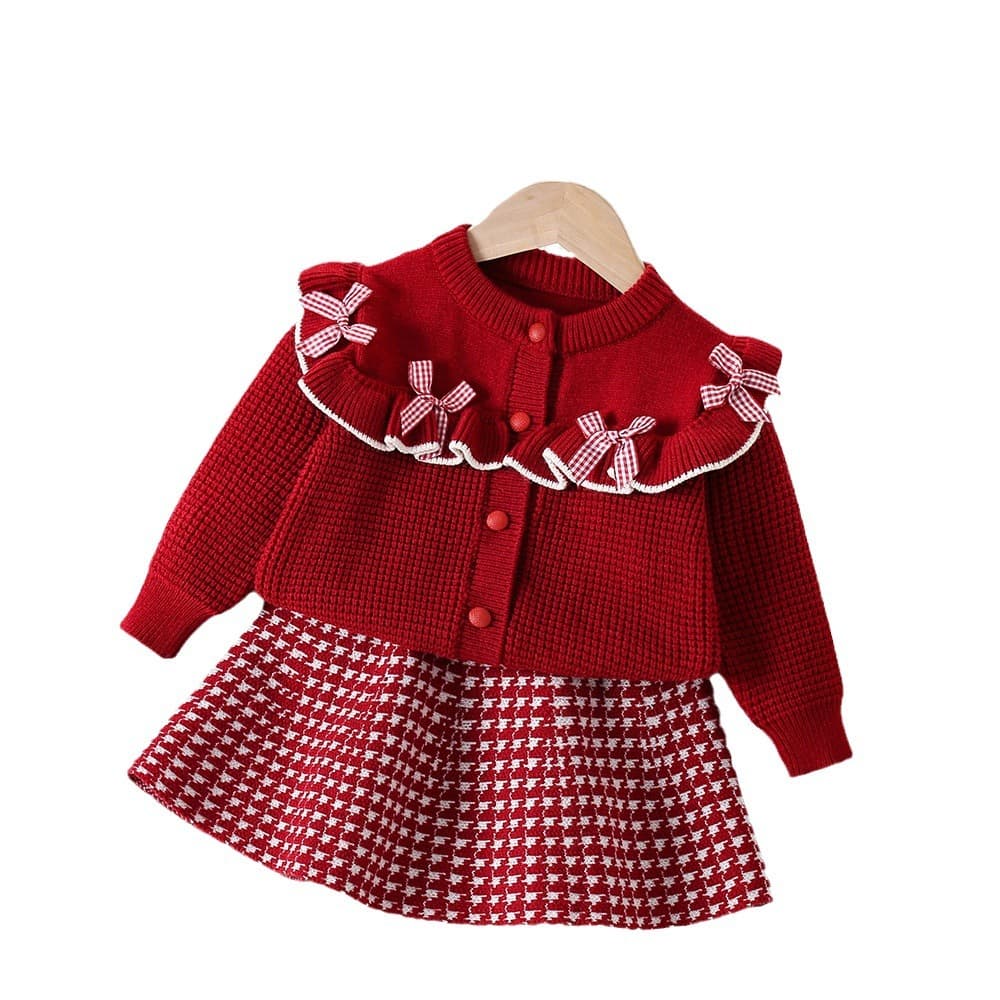 Sweater girl's, demi-season children's knitted set with bow, western style 5