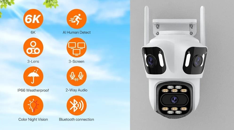 CCTV 4K wireless intelligent outdoor wireless 8X zoom audio PTZ triple lens safety camera