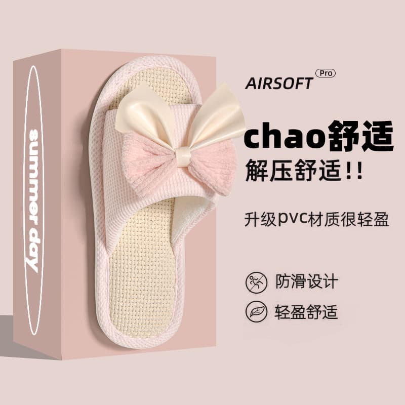 (Wholesale), non-slip women's women's slippers with bow all-season, cotton and linen
