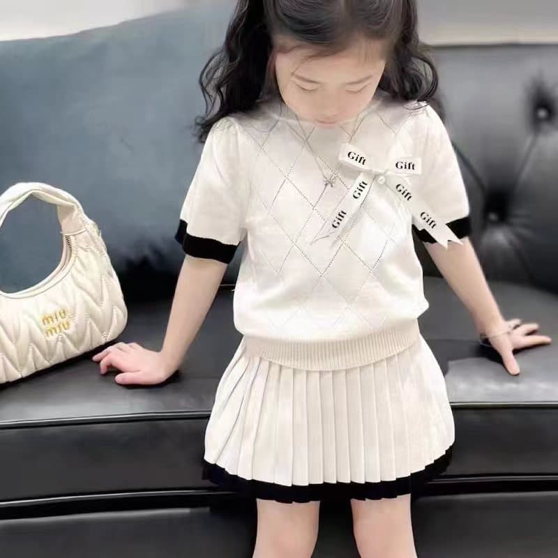 Knitted summer children's thin set with bow, with short sleeve, Korean style 2