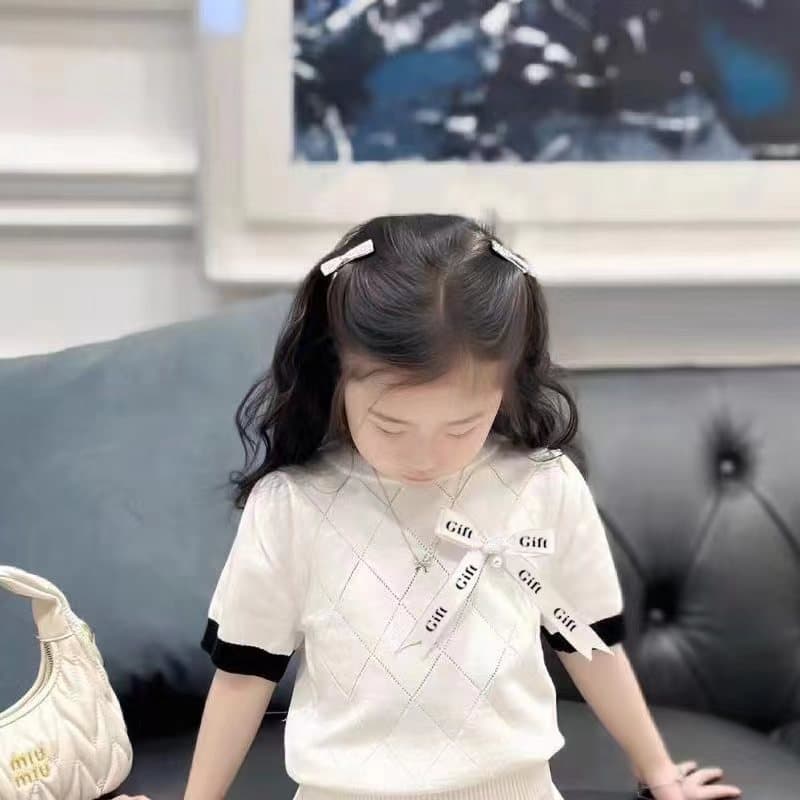 Knitted summer children's thin set with bow, with short sleeve, Korean style 3