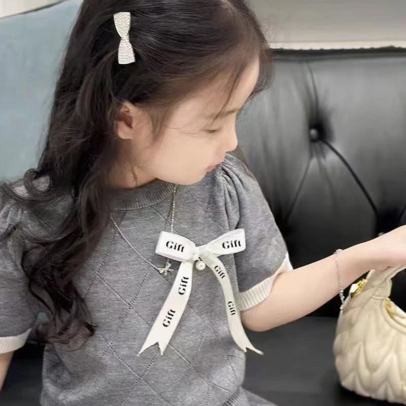 Knitted summer children's thin set with bow, with short sleeve, Korean style 4