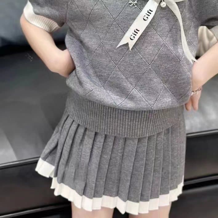 Knitted summer children's thin set with bow, with short sleeve, Korean style 5