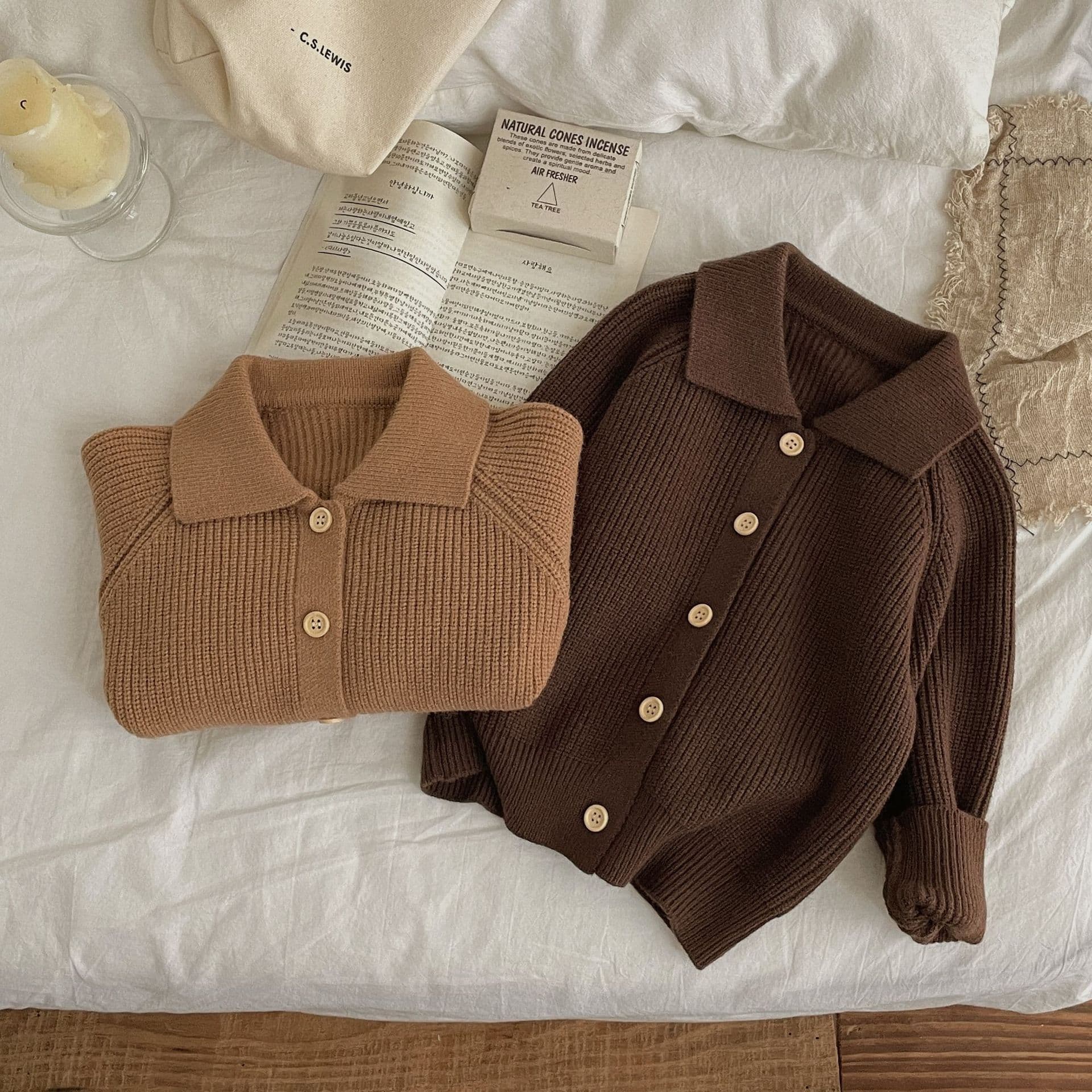 Demi-Season Cardigan Sweater - Solid Color Square Neckline 2